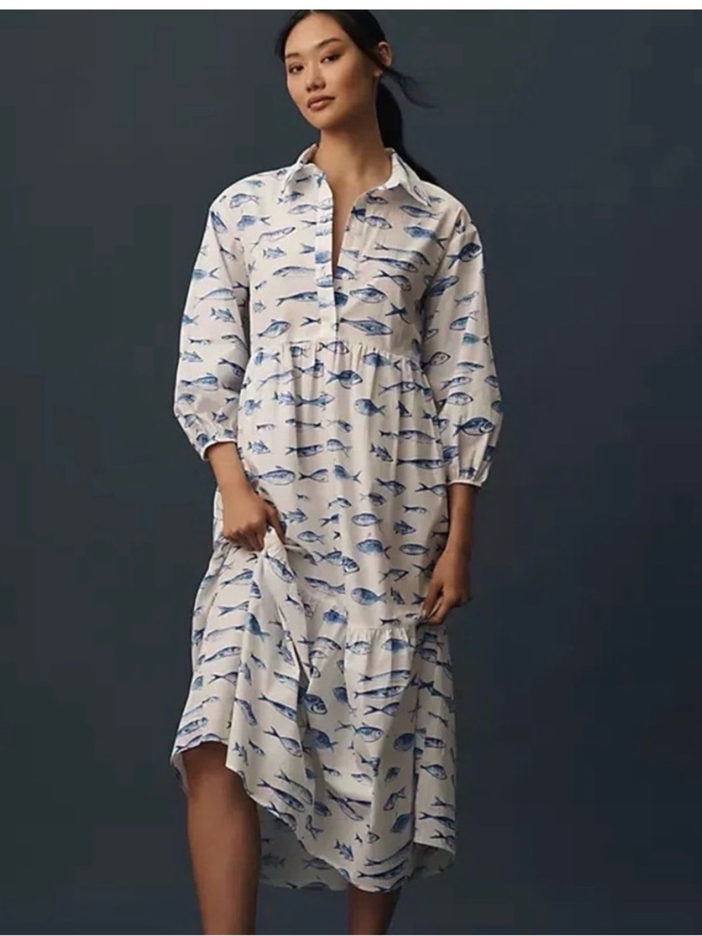 Maeve Bettina White & Blue Fish-Print Tiered Shirt Dress - Picture 2 of 13